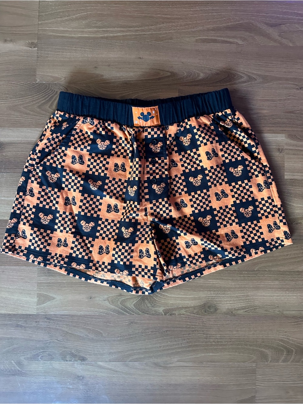 Flannel Halloween 🎃 Black and Orange Checkerboard Shorts with Mickey Motifs